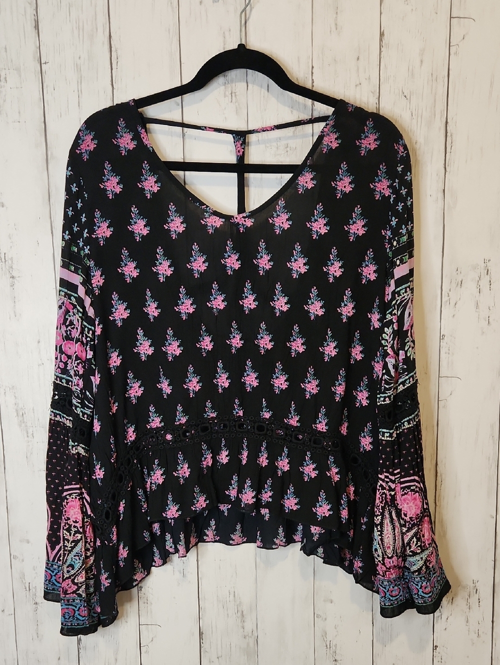 Patrons of Peace Black Tunic Top with Pink & Blue Floral Print